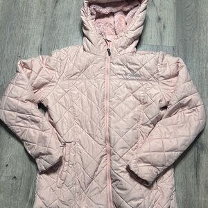 Pink Columbia Sportswear puffer jacket with faux fur hood and body